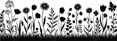 Black Silhouette Vector Illustration of a Wildflower Meadow Border, Featuring Assorted Grasses, Foliage, and Various Spring and Summer Blooming Flowers as a Nature Design Element.