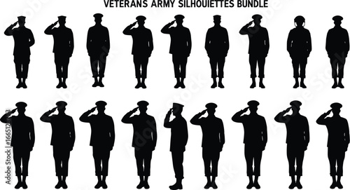 Veterans Army Soldiers Silhouette Bundle Vector Illustration, Military Personnel Saluting Collection, Honoring Armed Forces Design Elements, Black and White Graphic Set

.