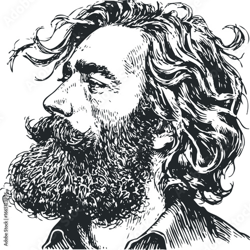Man with long curly hair and beard profile portrait sketch