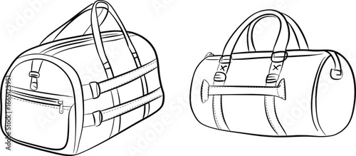 Duffel bag vector illustration, travel gym bag design, sports luggage outline, fitness duffle drawing, weekend carry bag clipart, black and white accessory