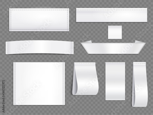 Textile labels. White realistic fabric tags. Blank cloth labels mockup with stitches, cotton badge, woven fashion sticker, sewn garment ribbons for brand name. Vector 3D set.