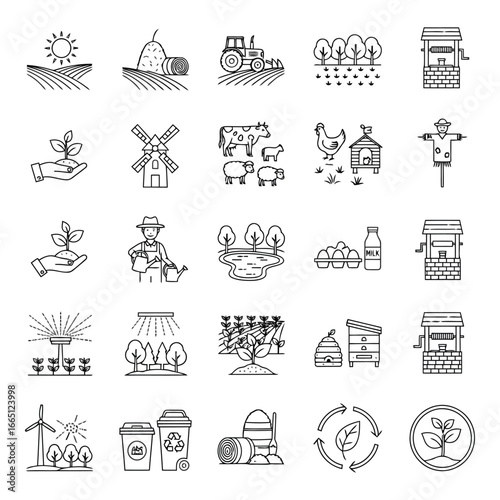 Collection of rustic hand-drawn agricultural and farm icons representing nature sustainability and rural life silhouette