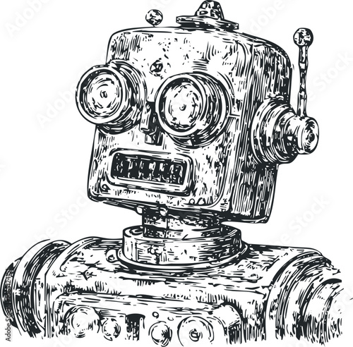 Sketch of a Vintage Mechanical Robot Head and Shoulders on White Background