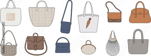 Fashion handbag collection illustration, modern tote bags, crossbody purses, stylish accessories, shopping bag design, trendy satchel, vector isolated icons set