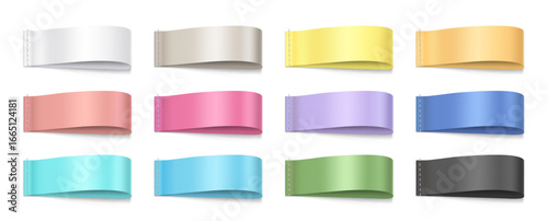 Textile tag labels. Color realistic fabric tags, empty cloth label mockup, cotton badge, apparel fashion banner, sewn garment ribbons for brand name. Vector 3D set.