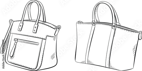 Fashion handbag vector illustration, stylish women’s purse drawing, modern leather bag design with handles and zipper, accessory sketch for fashion, retail, shopping, and lifestyle