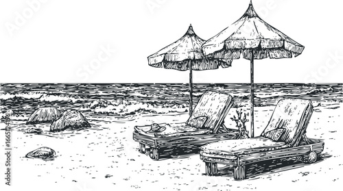 Beach scene with lounge chairs and umbrellas overlooking ocean waves and rocks