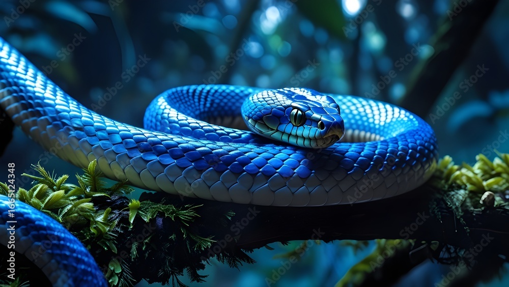 Obraz premium Blue Snake on Mossy Branch Close-up