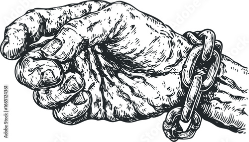 Human hand clenched around a heavy metal chain, symbolizing struggle and confinement