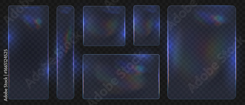 Glass plate. Futuristic glowing glass UI panels with soft neon reflections and transparency in various shapes for app interfaces, dashboards and HUD. 3D realistic vector set.