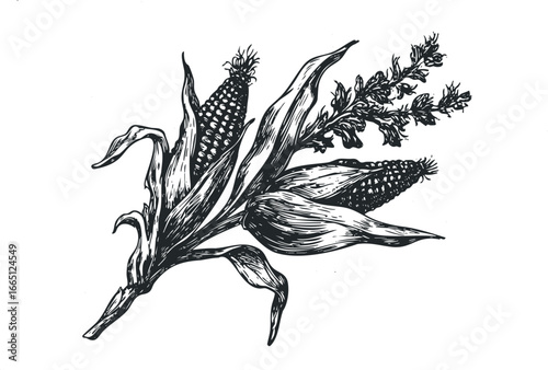 Black and White Drawing of Corn Stalks with Cobs and Tassels