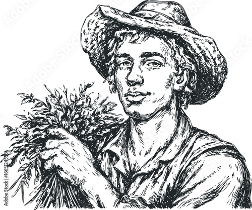 Sketch of a Young Man Wearing a Straw Hat Holding a Sheaf of Wheat