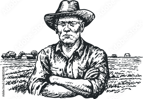 Farmer wearing hat in agricultural field with distant buildings and trees