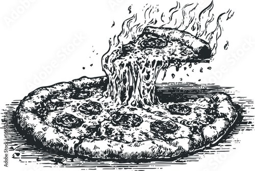 Delicious pizza slice on fire with stretching cheese in ink sketch style
