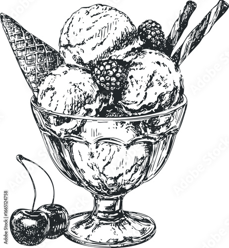 Hand drawn sketch of sweet dessert with ice cream scoops, berries, and wafers