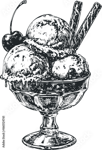 Sketch of Ice Cream Sundae with Cherries and Wafers