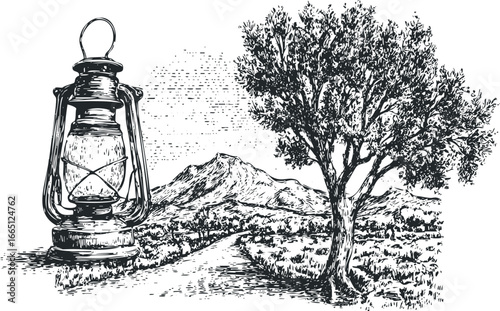 Rustic lantern and gnarled tree in a desolate landscape