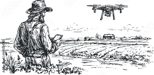 Farmer operates drone over agricultural field using tablet