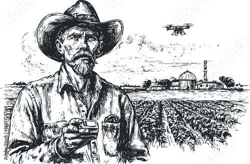 Farmer in hat using remote control with drone flying over agricultural field