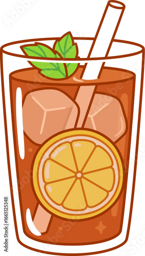 Mazagran, traditional Algerian iced coffee drink with lemon and mint. Cute cartoon vector clip art illustration, doodle style drawing.