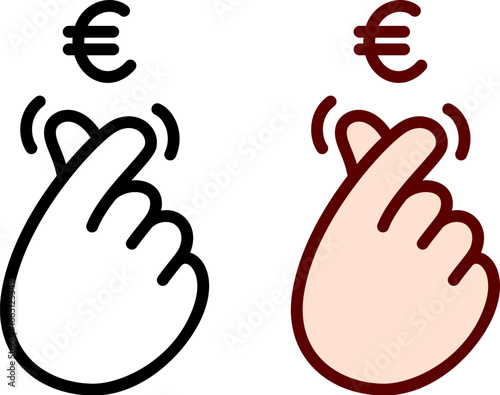 Cute cartoon hand making Italian money gesture, rubbing fingers. Black and white line icon and color drawing. Simple vector clip art illustration.