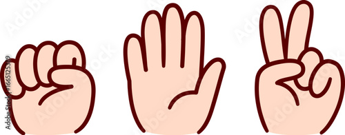 Rock Paper Scissors game, hand drawn doodle gesture icons. Cute cartoon style vector illustration.