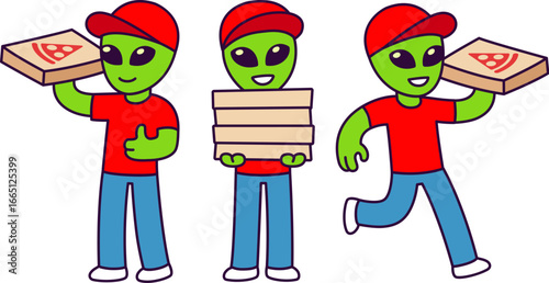 Funny alien pizza delivery person illustration set. Cute cartoon vector drawing.