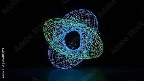 An abstract, futuristic wireframe design of two interlocking spheres, symbolizing global communication and a network of information.