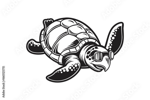 Sea Turtle with Glasses Vector, Isolated, Monochrome, Vintage Style on White Backdrop