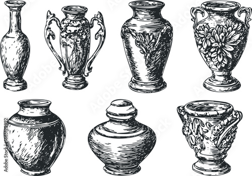 Collection of seven varied antique ceramic vases sketch