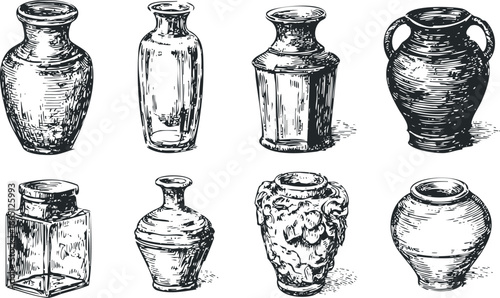 Collection of Diverse Ancient Ceramic and Glass Vessels in Sketch Style