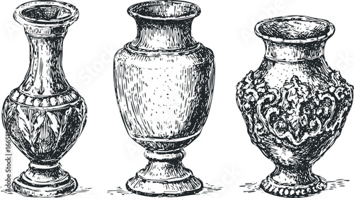 Three intricately decorated vintage vases depicted in a detailed black and white sketch