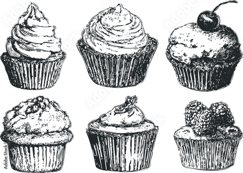 Hand Drawn Sweet Cupcakes with Various Toppings