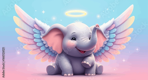 Adorable Cartoon Elephant with Angel Wings and a Halo A Whimsical Illustration