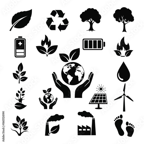 Eco-friendly icons collection representing sustainability green energy and environmental protection themes silhouette