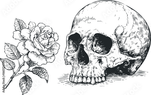 Vintage Skull and Rose illustration with detailed linework