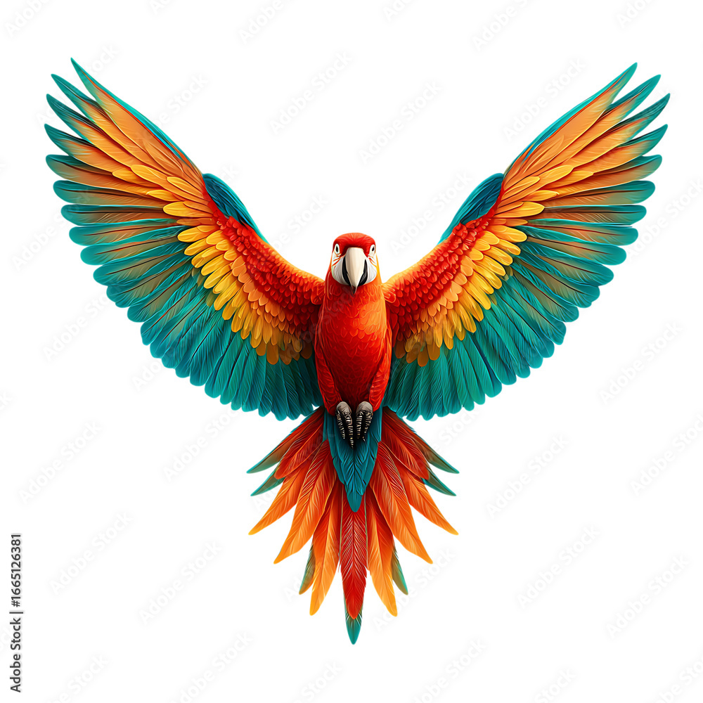 Fototapeta premium Macaw Parrot with Folded Wings, Vibrant Colorful Feathers, Curved Beak, Full Body Perched, Transparent Background