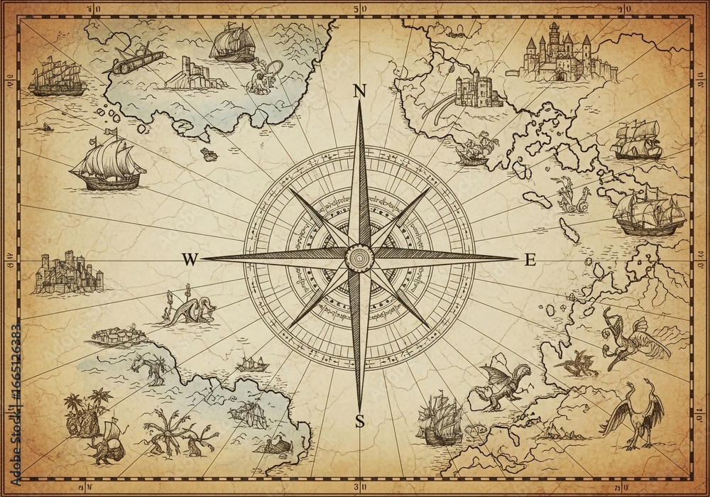 Obraz premium A vintage, antique-style map. A large, detailed compass rose is centrally positioned, with intricate lines and markings