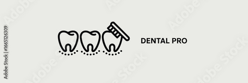 Three teeth with dots below and a toothbrush cleaning one, next to text that says dental pro in black