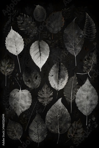 A Closer View of Intricate Grayscale Leaves Featuring Fine Details and Shading