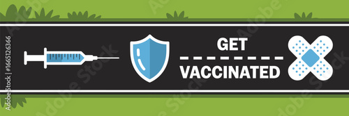 Get vaccinated illustration featuring a syringe, shield, and bandage on a black and green background design