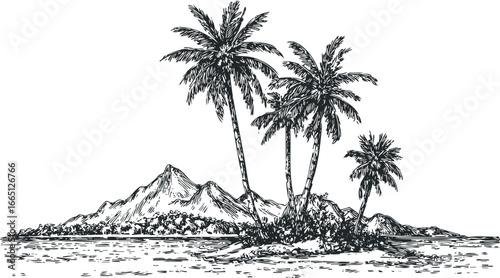 Tropical island paradise with lush palm trees and distant mountains