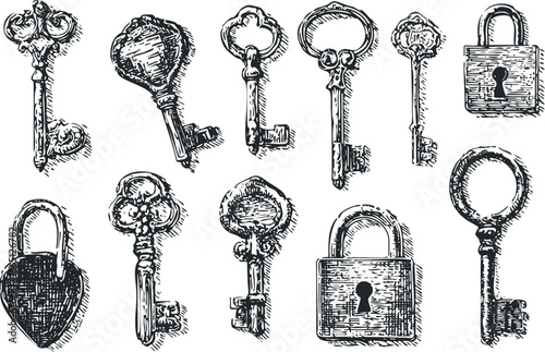 Collection of antique skeleton keys and padlocks presented in a classic sketch style