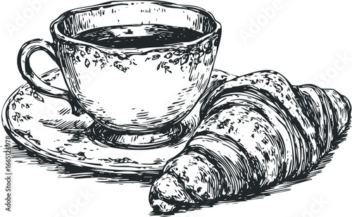 Hand-drawn coffee cup and saucer with croissant and beverage