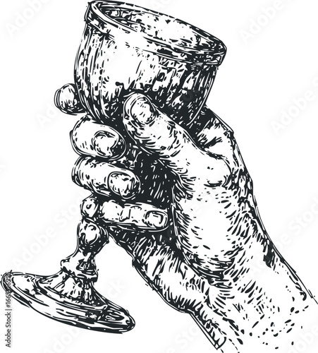 Hand holding a textured goblet in a sketch style