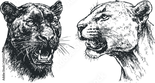 Striking sketch of a black panther roaring and a lioness snarling profile