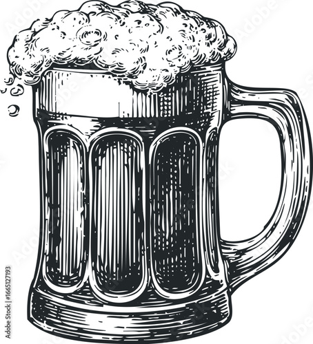 Engraved Sketch of Frothy Beer Mug with Textured Foam