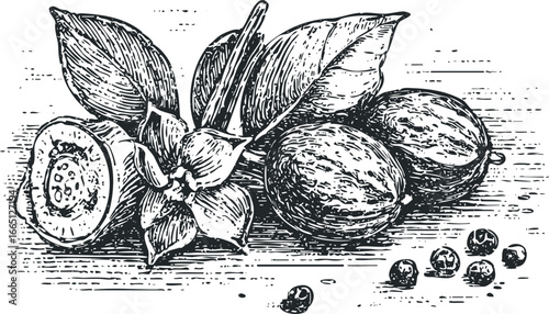 Woodcut style depiction of nutmeg spice with leaves and berries