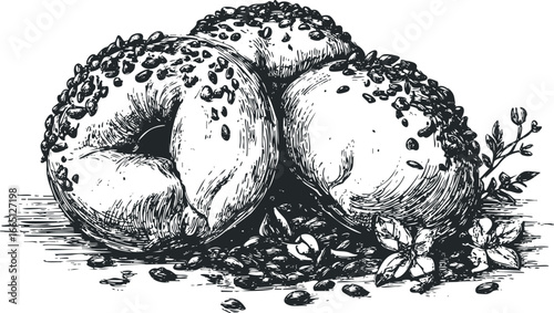 Hand Drawn Bagel With Sesame Seeds and Garnish