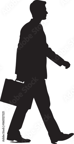 Black silhouette of a man in a suit walking with a briefcase